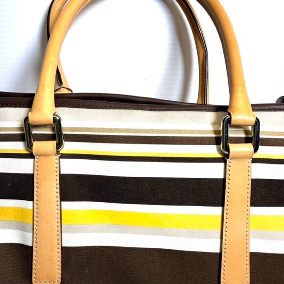 Coach Leather Canvas Striped Brown Yellow & Tan Satchel Bag . New With Tags - Picture 3 of 14